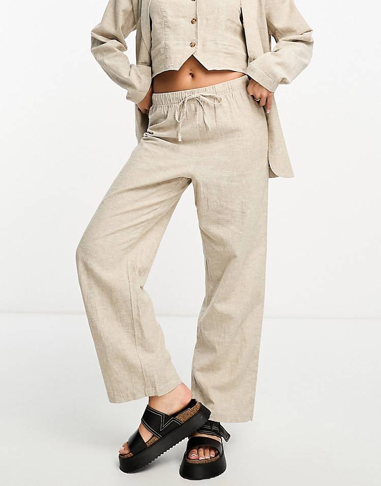 Monki 3 piece linen pants in beige - part of a three piece set